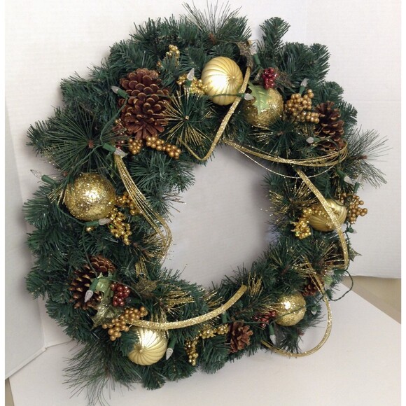 Christmas Wreath PreLit Green/Gold Pine Cones Balls Glamour Front Door Wall 23" - Picture 3 of 12